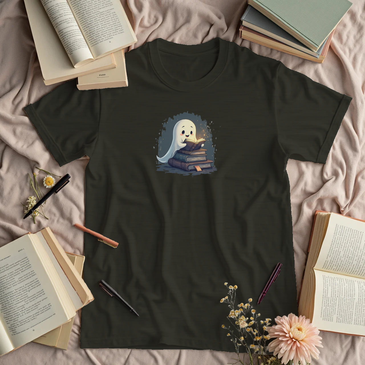Cute Ghost with a Stack of Books